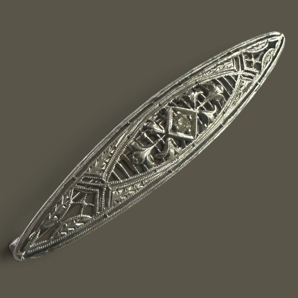 Antique 14K White Gold Filigree Diamond Brooch Pin Edwardian Art Deco 1915-1930